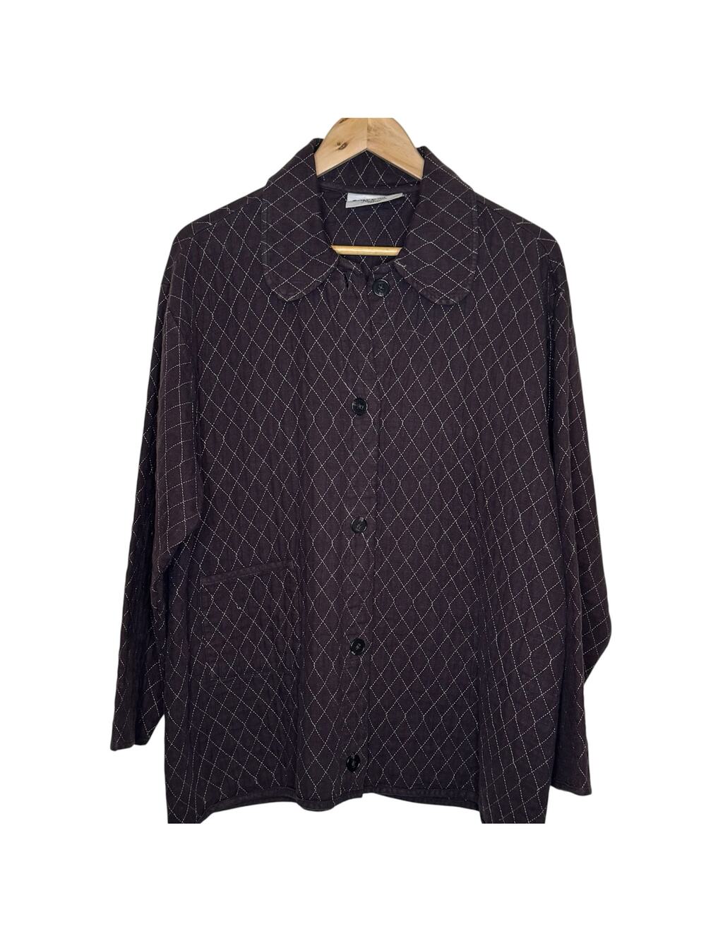 Aly Wear Brown Quilted Button Front Lagenlook Linen Jacket Made in Pennsylvania